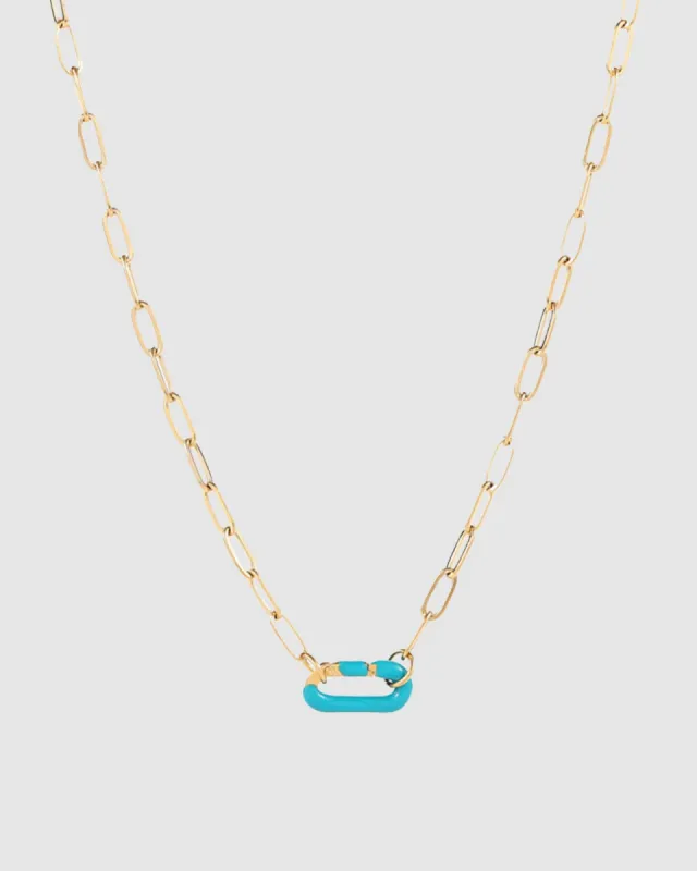 Gold Oval Link Necklace with Aqua enamel clasp Gold/Aqua sold by Sol Sana