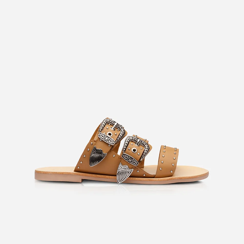 Eastwood Stud Slide Tan/Silver sold by Sol Sana
