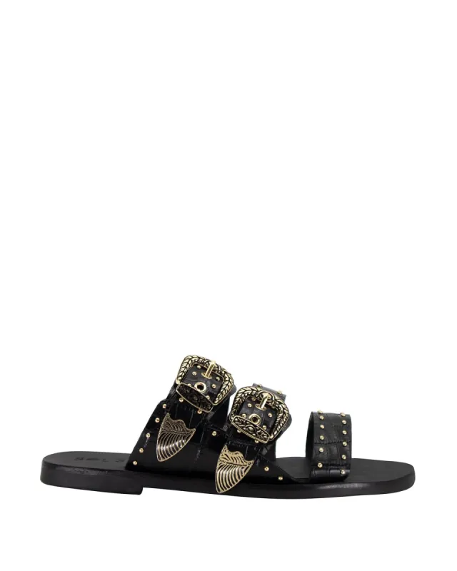Eastwood Stud Slide Black Croc/Gold sold by Sol Sana