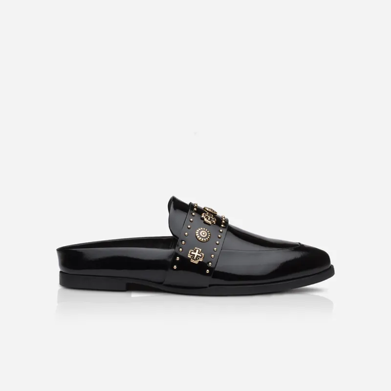 Tuesday Slide Patent Black/Gold sold by Sol Sana