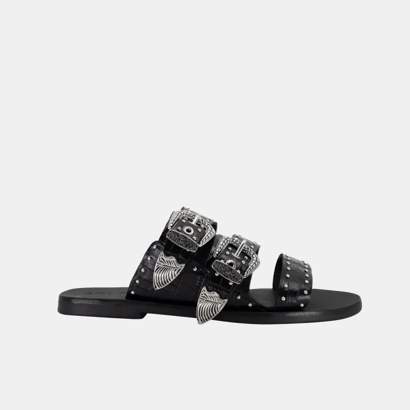 Eastwood Stud Slide Black Croc/Silver sold by Sol Sana
