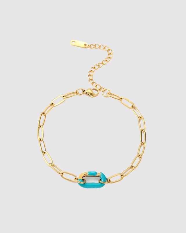 Gold Oval link with Aqua Enamel Clasp Bracelet Gold/Aqua sold by Sol Sana