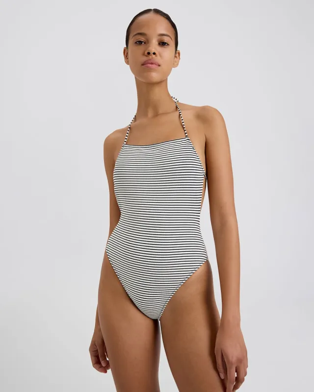 Zaria One Piece Noir White Stripe sold by SOLID & STRIPED