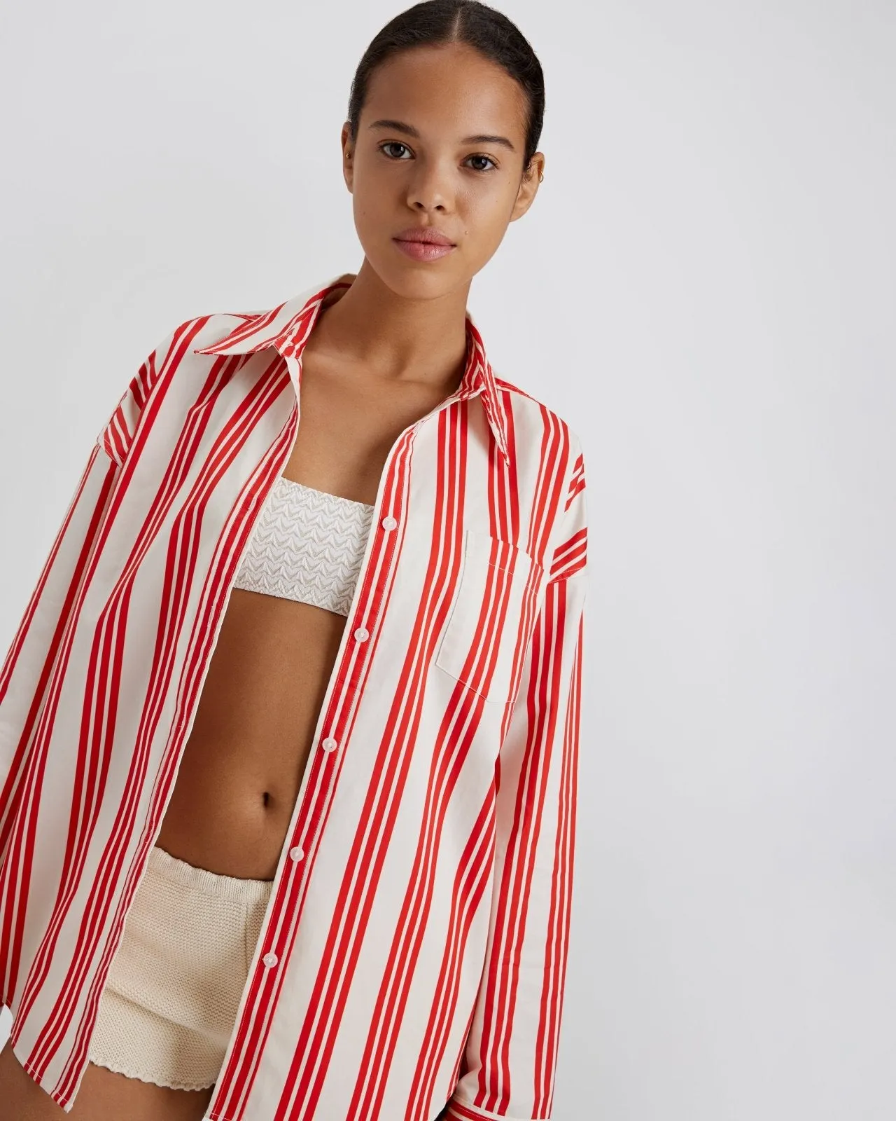 Dylan Button Down Shirt Lipstick Red Stripe sold by SOLID & STRIPED product image thumbnail 4