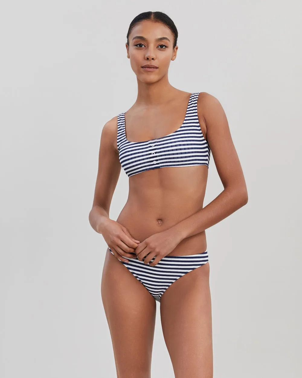 Elle Ribbed Button Bikini Top French Navy Stripe sold by SOLID & STRIPED
