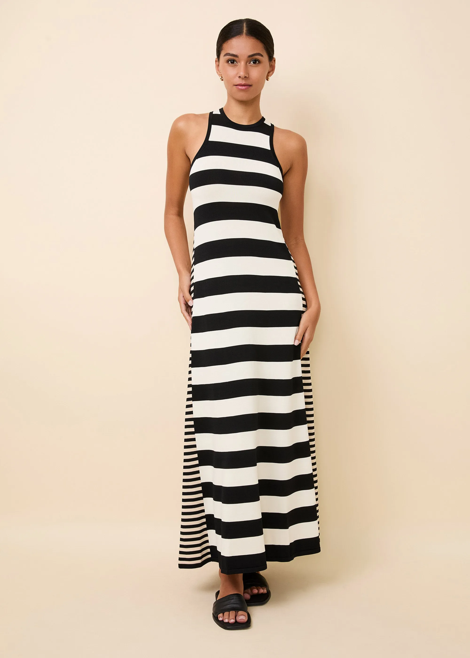 Oria Dress Noir Brule Khaki Stripe sold by SOLID & STRIPED