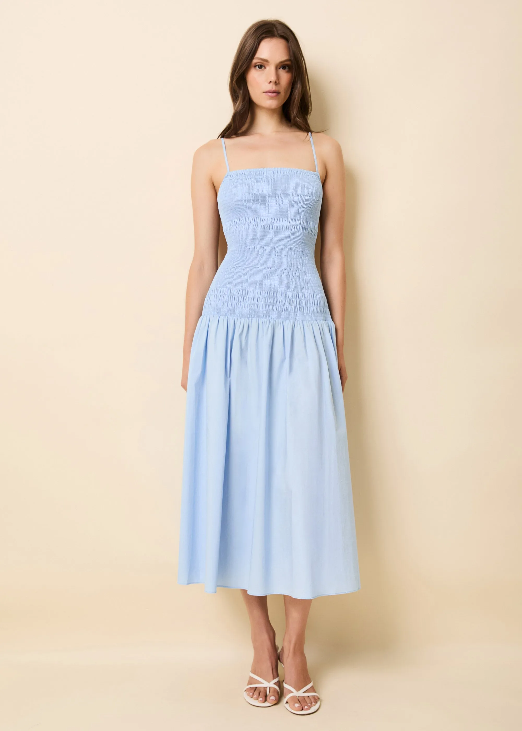 Vida Dress Poplin Open Water sold by SOLID & STRIPED