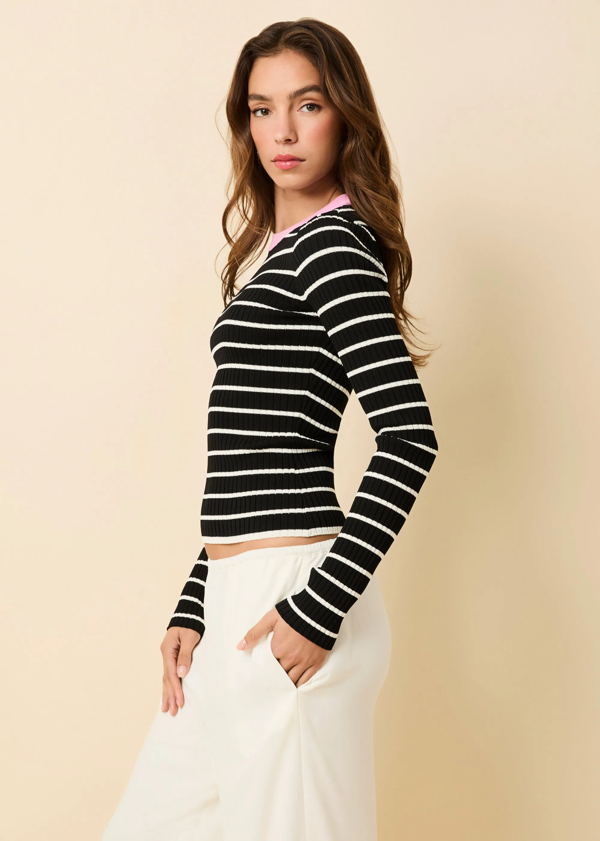 Dora Ribbed Knit Top Noir / Brule Stripe / Bon Bon sold by SOLID & STRIPED product image thumbnail 3