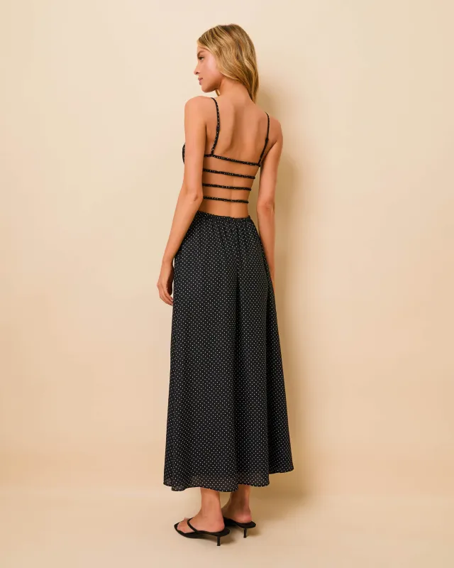 Delta Midi Dress Luxe Drape Noir / Brule Mini Dot sold by SOLID & STRIPED