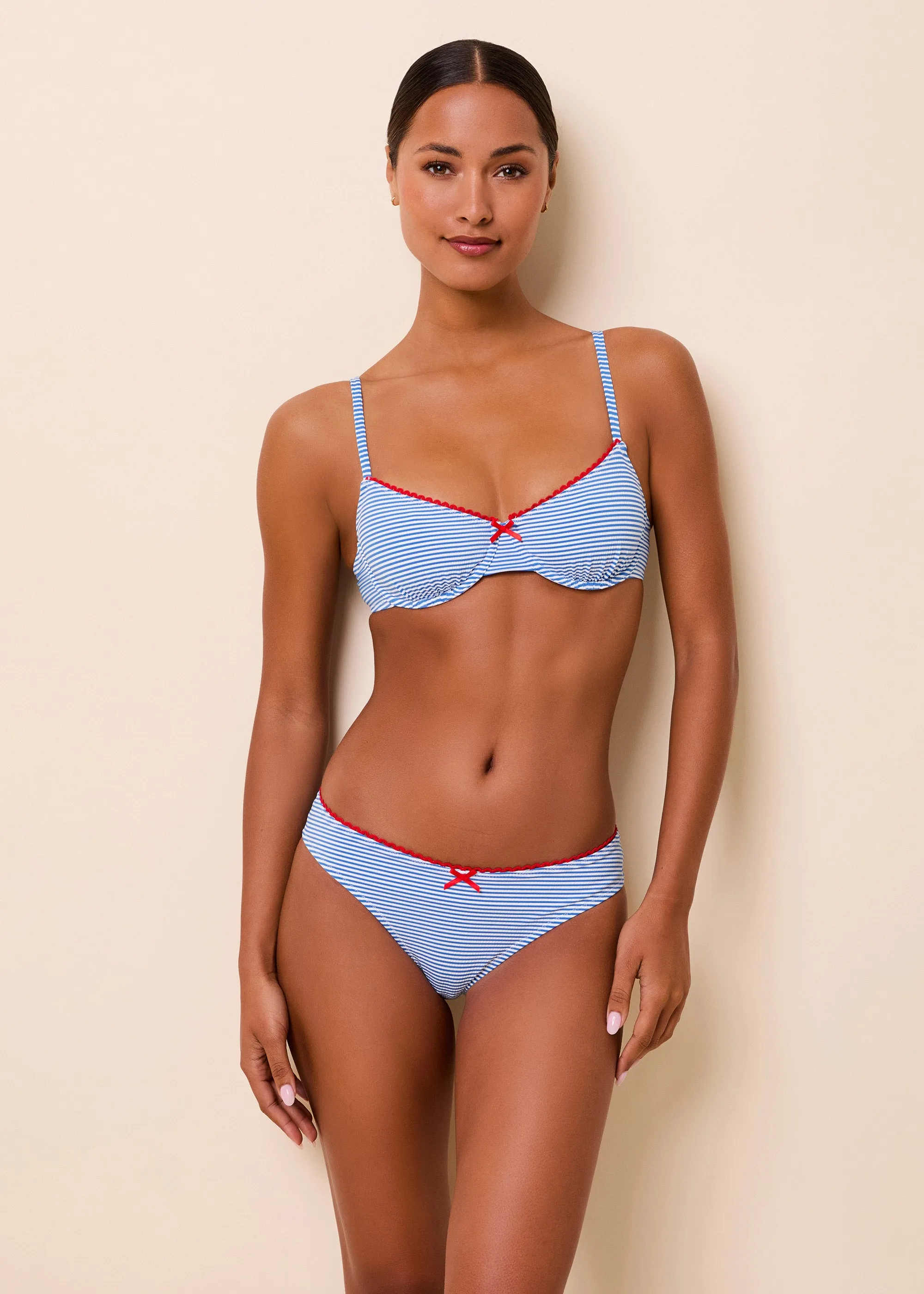 Daphne Bikini Top Seersucker Marina Blue Stripe / Lipstick Red sold by SOLID & STRIPED