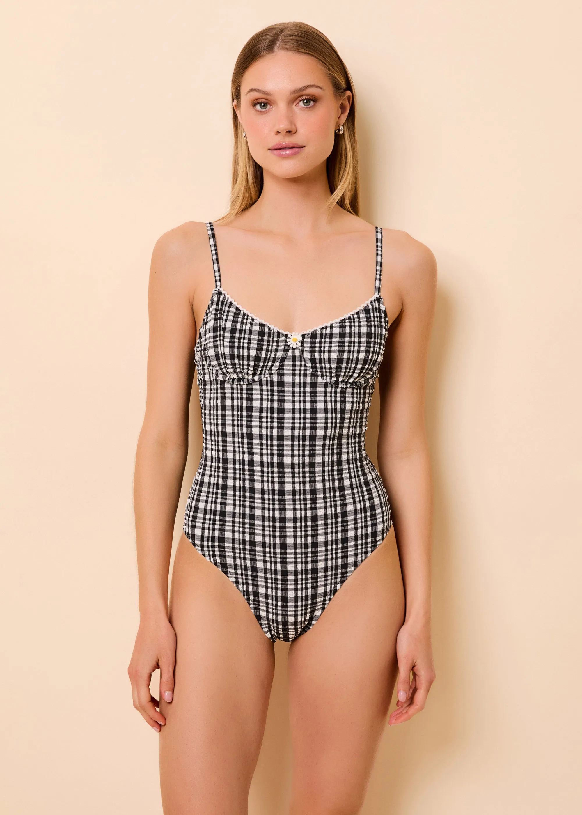 Taylor One Piece Puckered Plaid Noir sold by SOLID & STRIPED