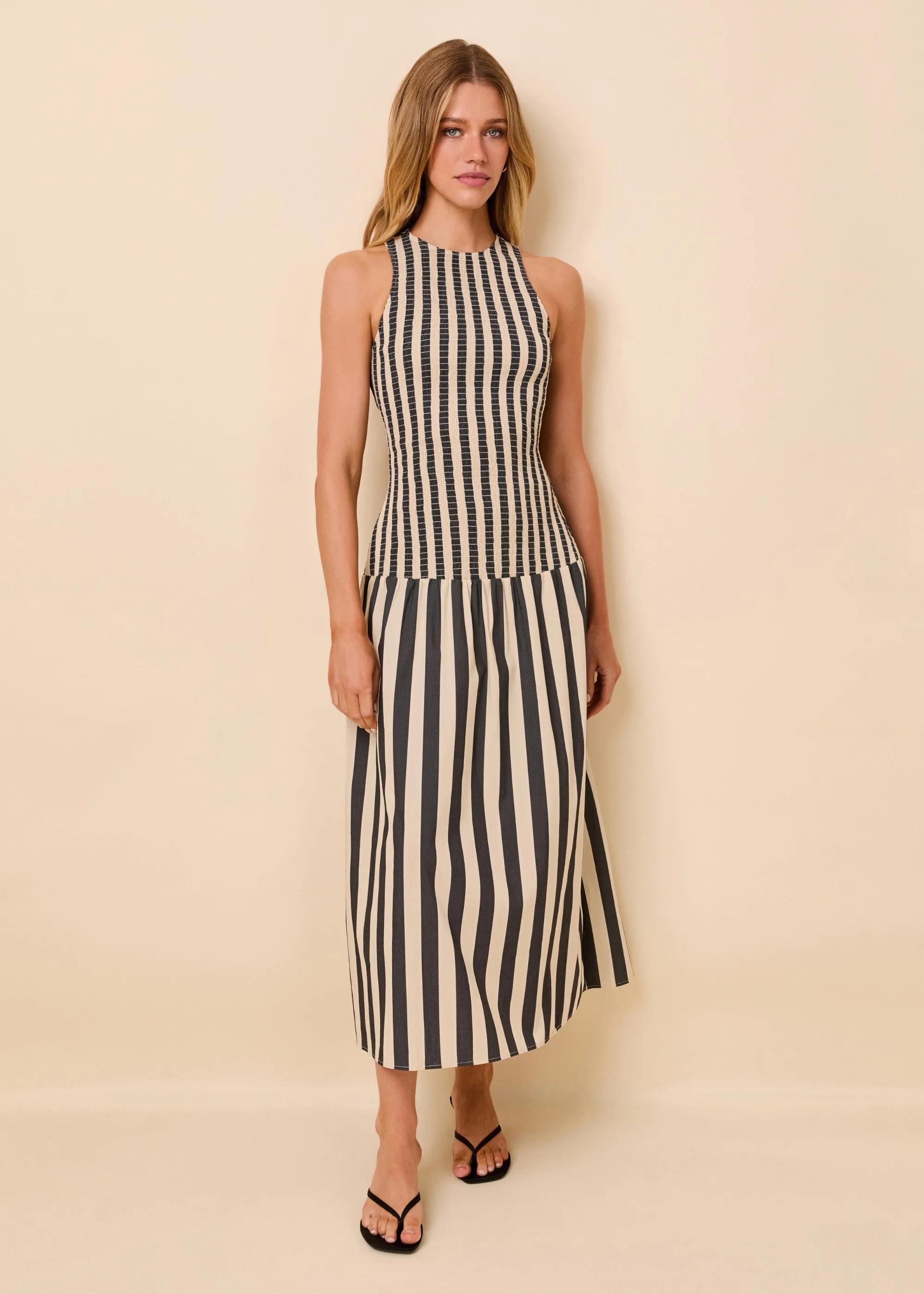 Arlin Dress Smocked Poplin Noir / Khaki Stripe sold by SOLID & STRIPED