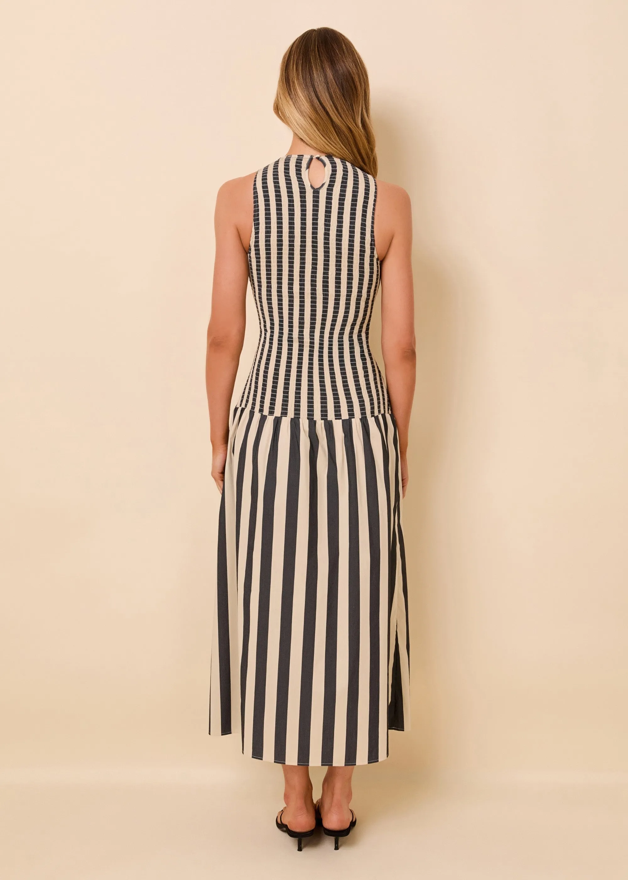 Arlin Dress Smocked Poplin Noir / Khaki Stripe sold by SOLID & STRIPED product image thumbnail 2
