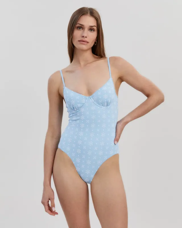 Taylor Eyelet One Piece Powder Blue sold by SOLID & STRIPED