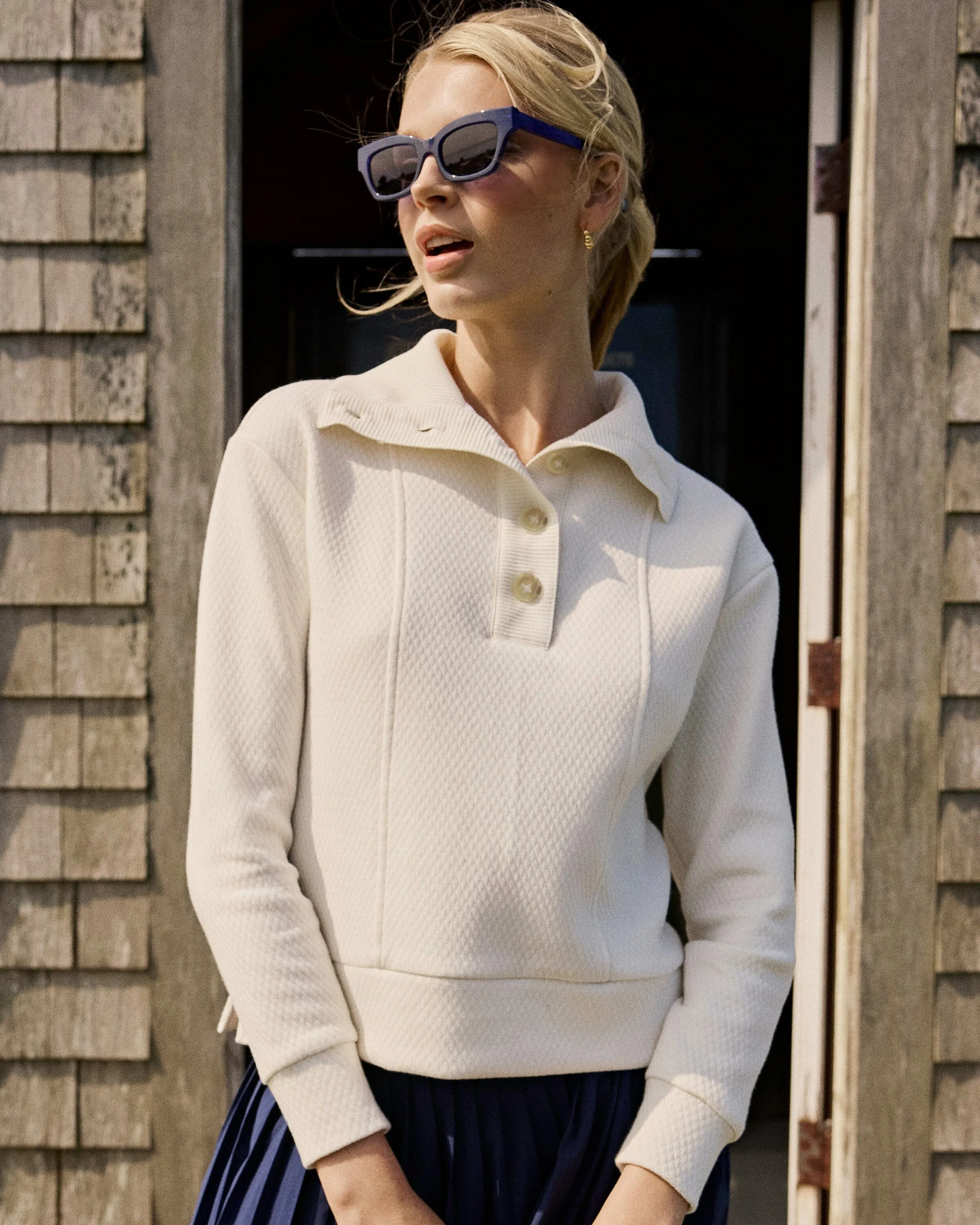 Tonya Button Mock Pullover - Sand White sold by Southern Tide