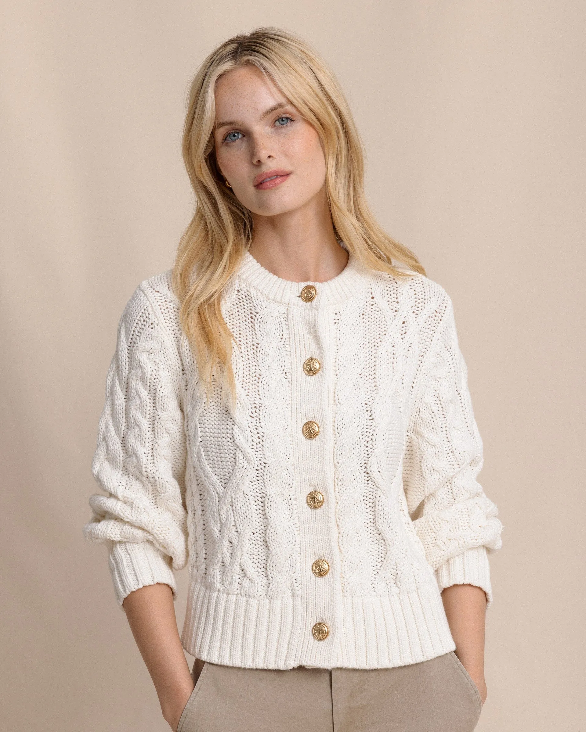 Clarke Cable Knit Cardigan - Sand White sold by Southern Tide