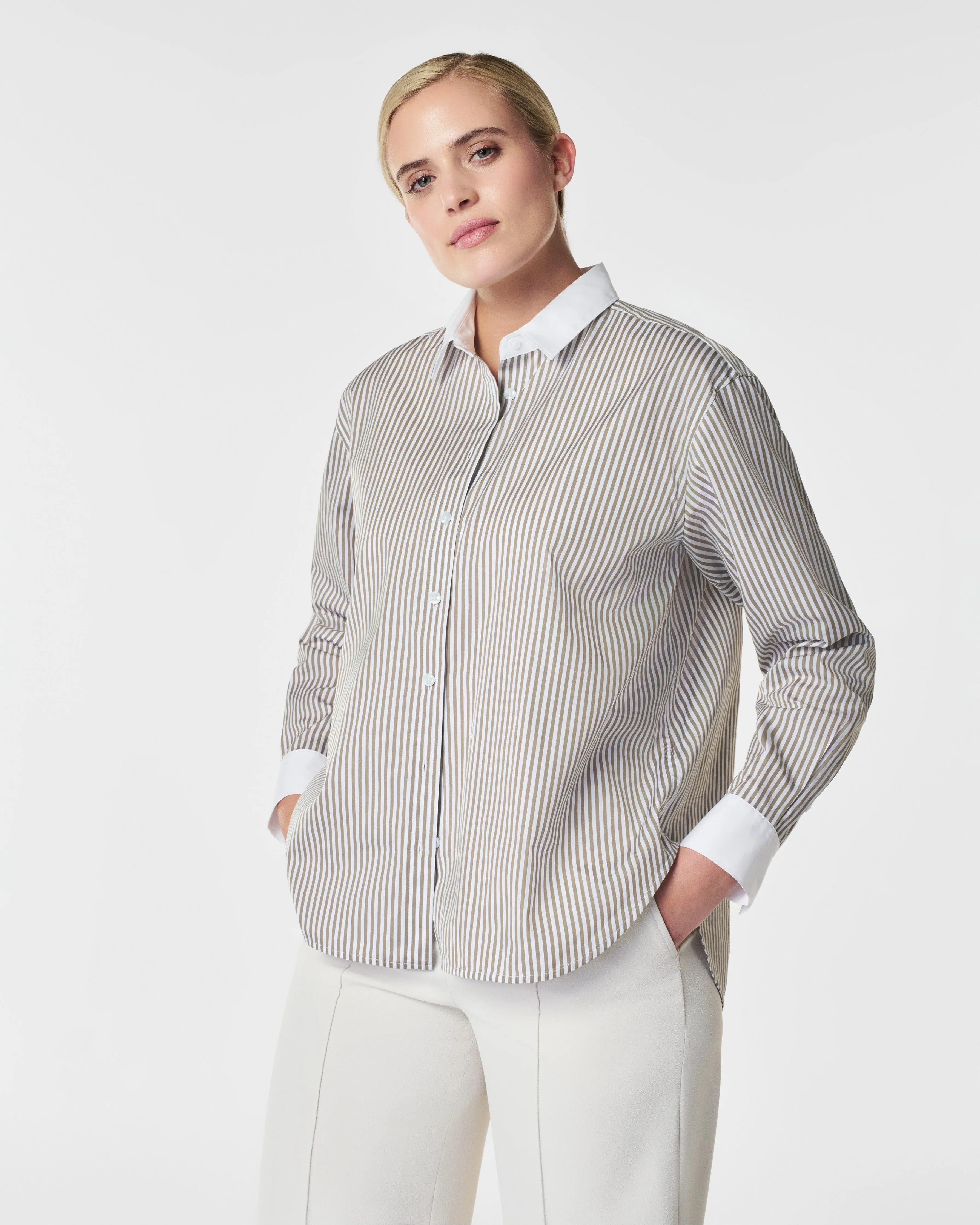 SPANX® Poplin Oversized Button Down, Matcha Stripe sold by SPANX