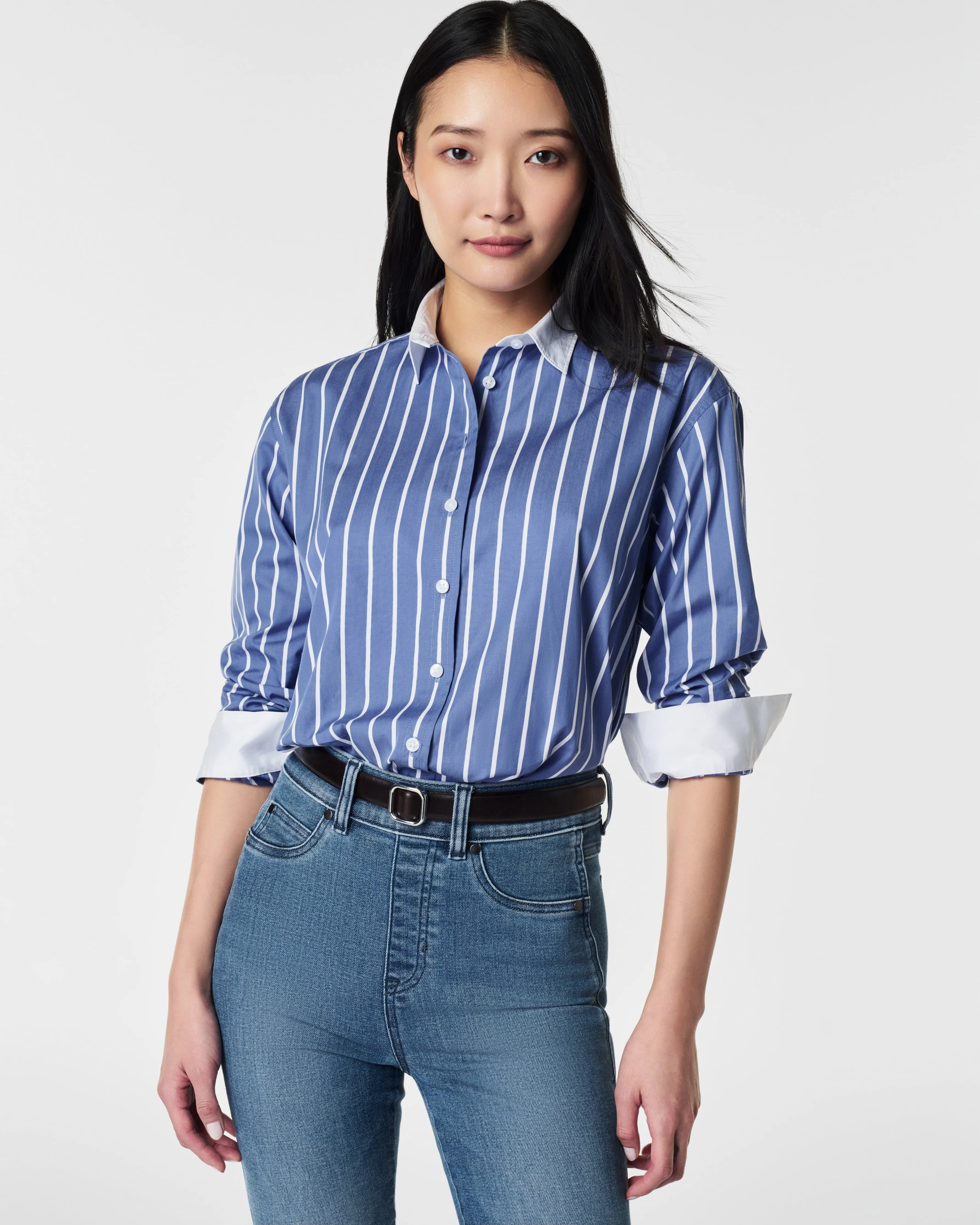 SPANX® Poplin Oversized Button Down, Postal Blue Stripe sold by SPANX