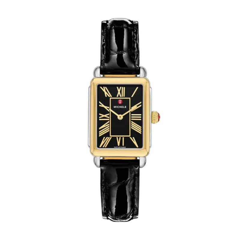 Michele Deco Park 18K Gold-Plated Watch with Black Dial & Crocodile-Style Strap made by Speidel