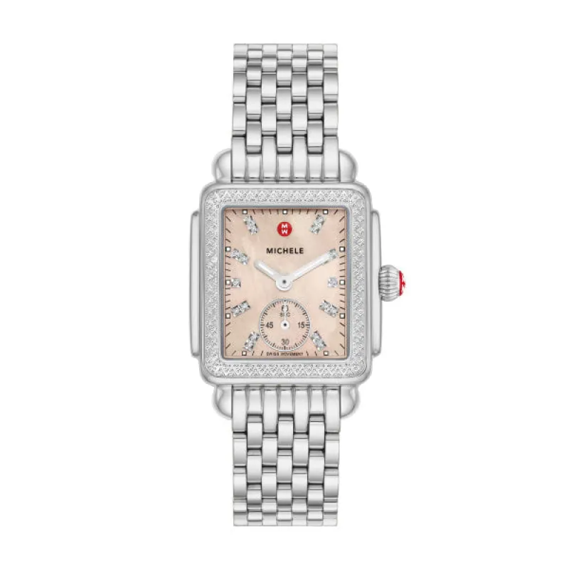 Michele Deco Mid Watch with Apricot Dial, Silver case and matching Diamond Set Bezel made by Speidel