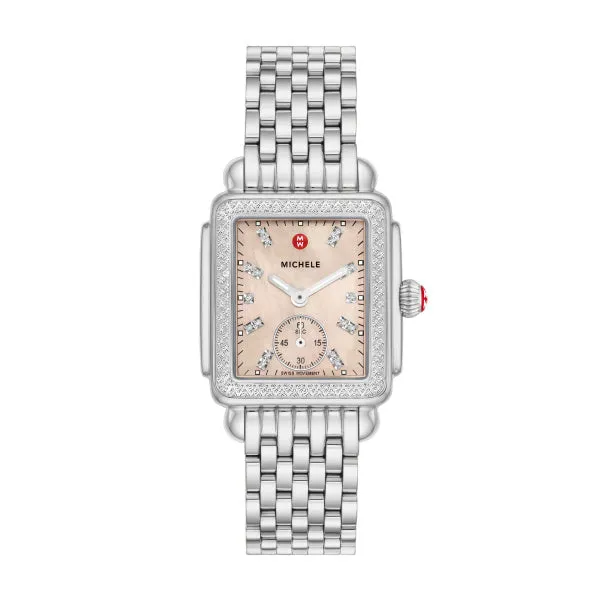 Michele Deco Mid Watch with Apricot Dial, Silver case and matching Diamond Set Bezel sold by Speidel