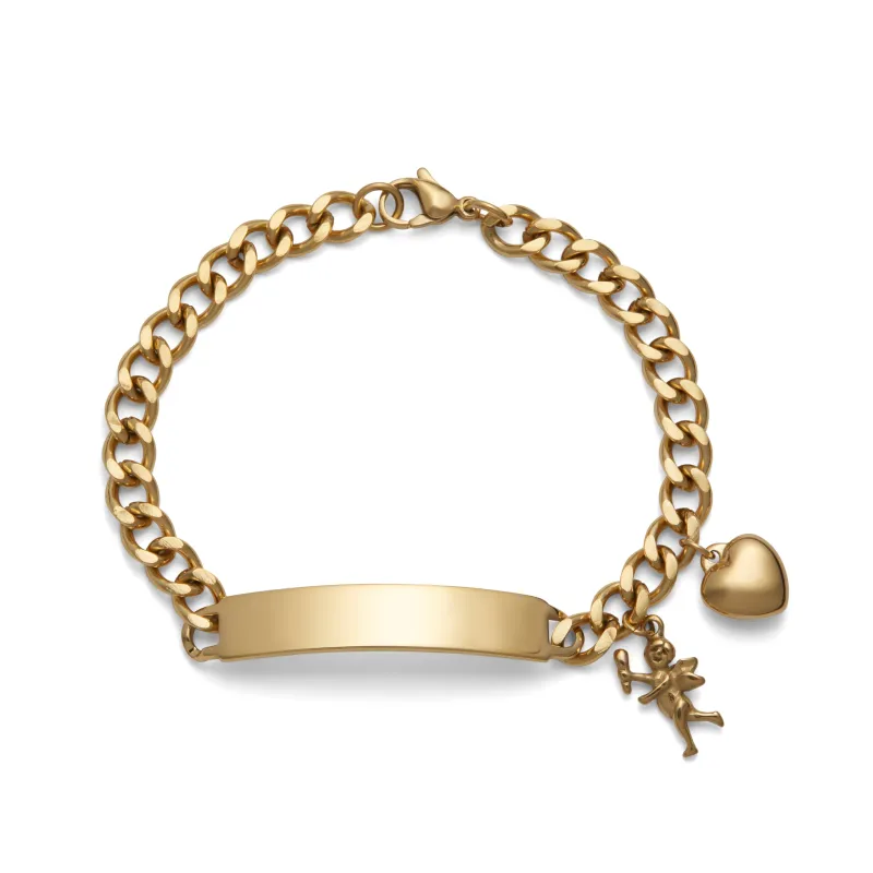 Ladies’ ID Bracelet with Plaque and Cherub and Heart Charms Silver Tone sold by Speidel