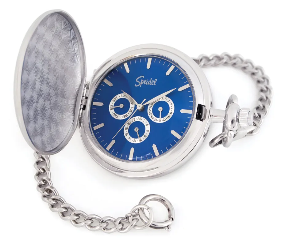 Pocket Watch with 14" Chain, Silver Tone with Blue Dial in Gift Box made by Speidel
