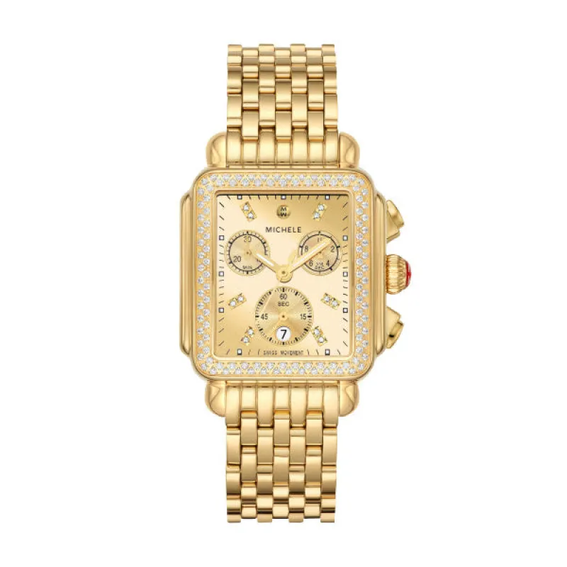 Michele Deco High Shine Gold Chronograph Dial Watch with Diamond Embezzled Gold and Gold Linked Band made by Speidel