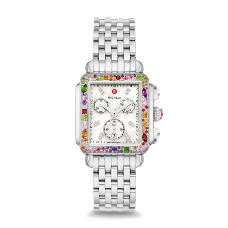 MICHELE Watches Deco Soirée Stainless Steel White Mother Of Pearl Watch With Mixed Gemstones (33mm) made by Speidel
