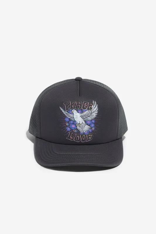 Peace Love Trucker Hat made by Spiritual Gangster