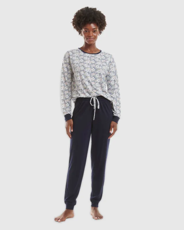 Navy Floral Pullover Jogger PJ Set sold by Splendid