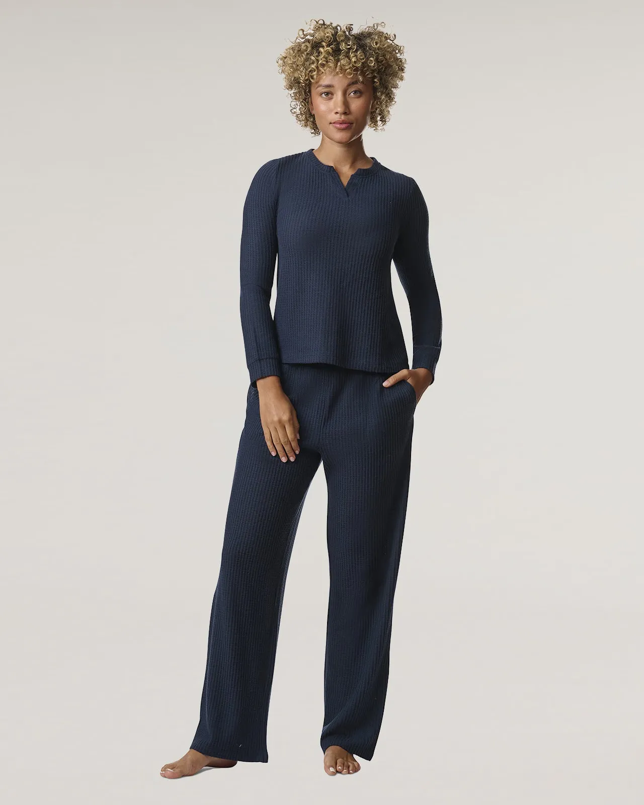 Navy Split Crewneck Waffle Knit Sleep Set sold by Splendid