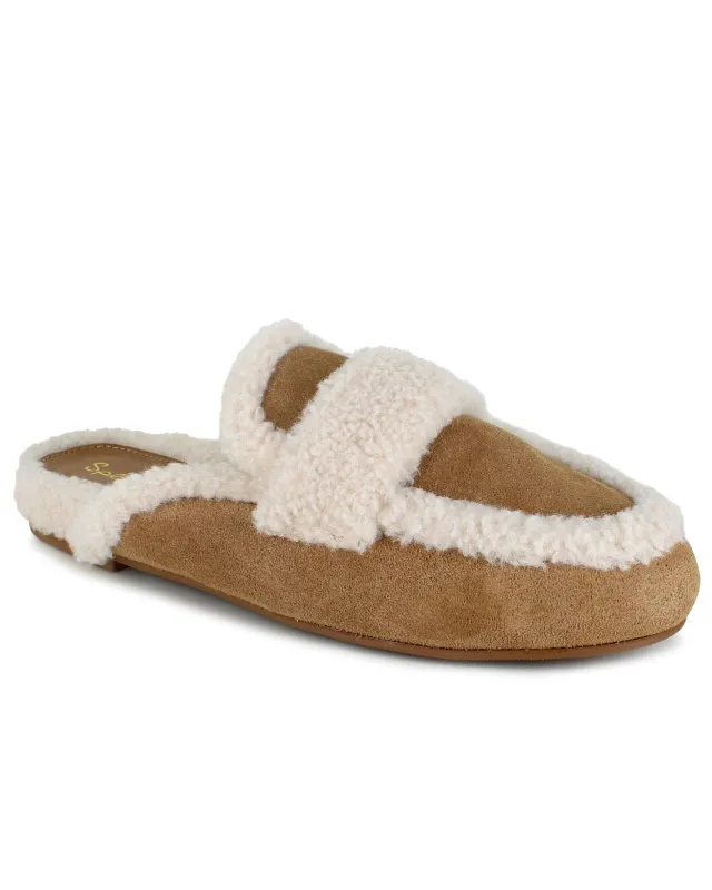 Sandra Sherpa Trim Slipper in Caramel sold by Splendid
