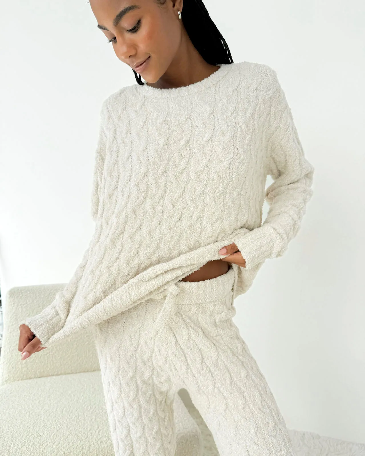 Oat Heather Fuzzy Cable Knit Sweater PJ Set sold by Splendid product image thumbnail 2