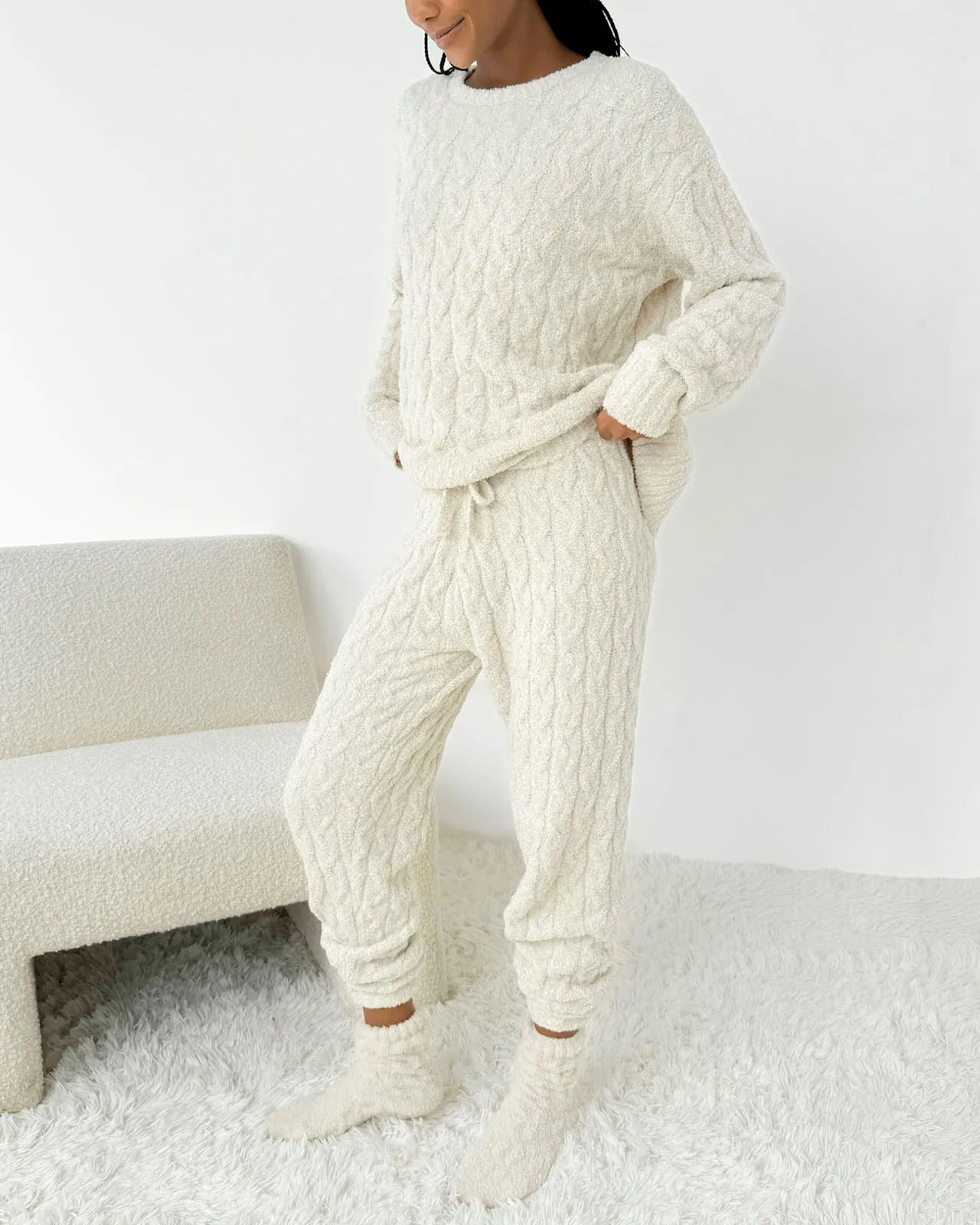 Oat Heather Fuzzy Cable Knit Sweater PJ Set sold by Splendid product image thumbnail 4