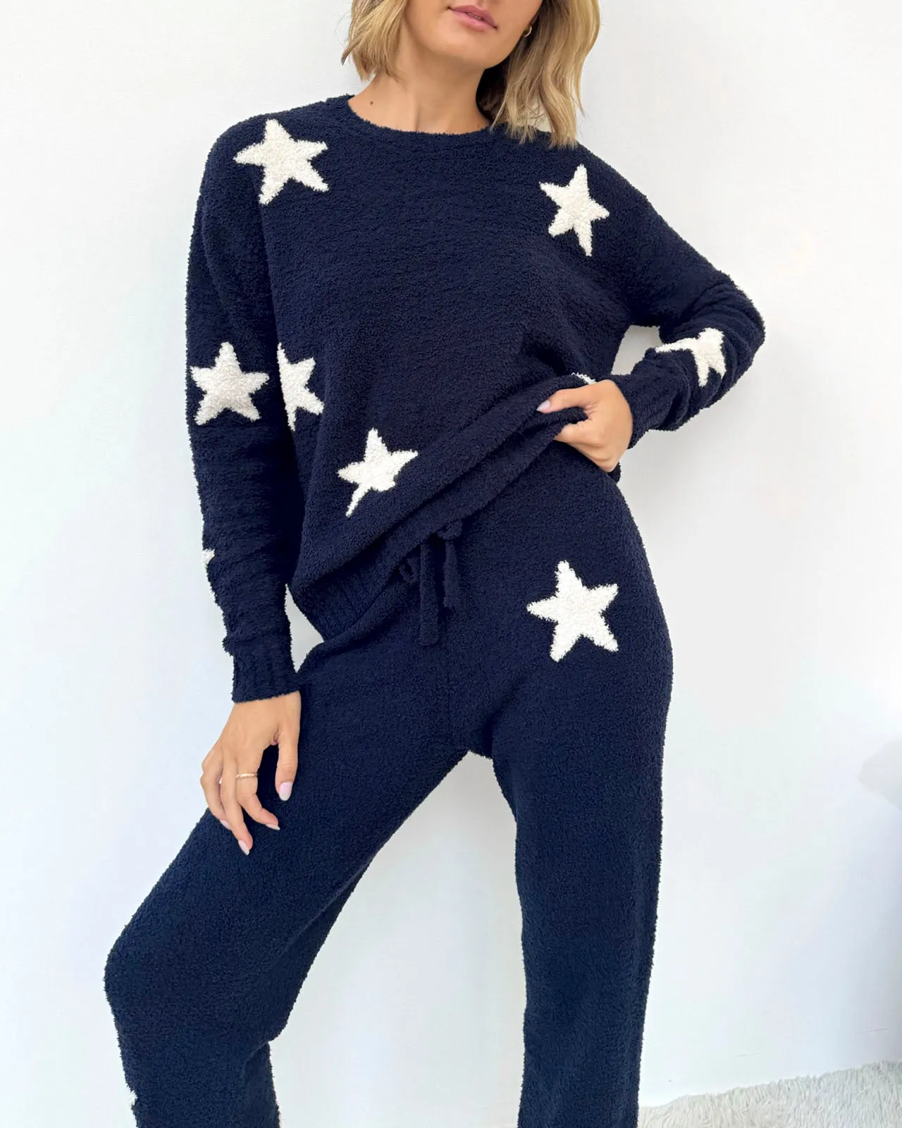 Navy Oat Stars Fuzzy Sweater PJ Set sold by Splendid