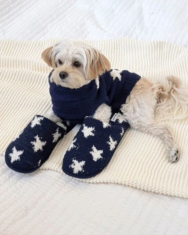 Navy Oat Stars Cozy Fuzzy Slipper Slide sold by Splendid