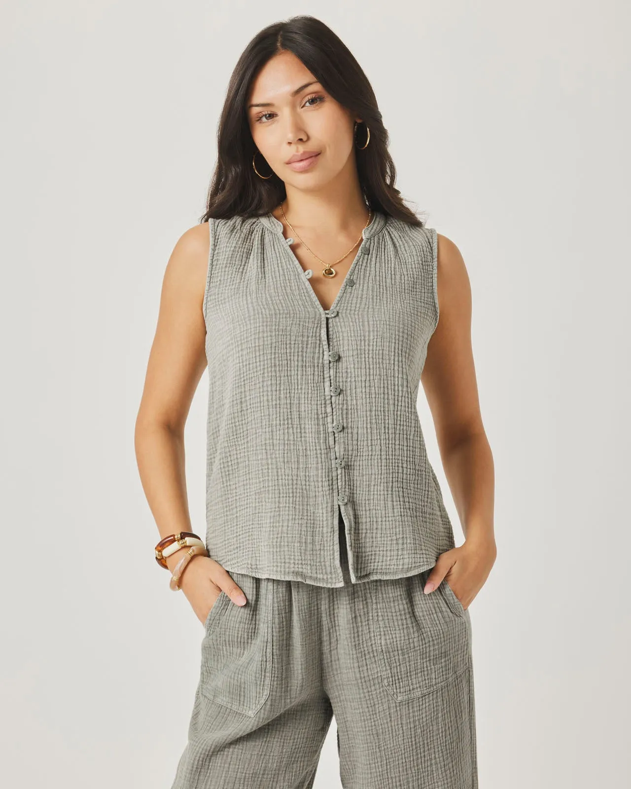 Ava Gauze Button Tank sold by Splendid