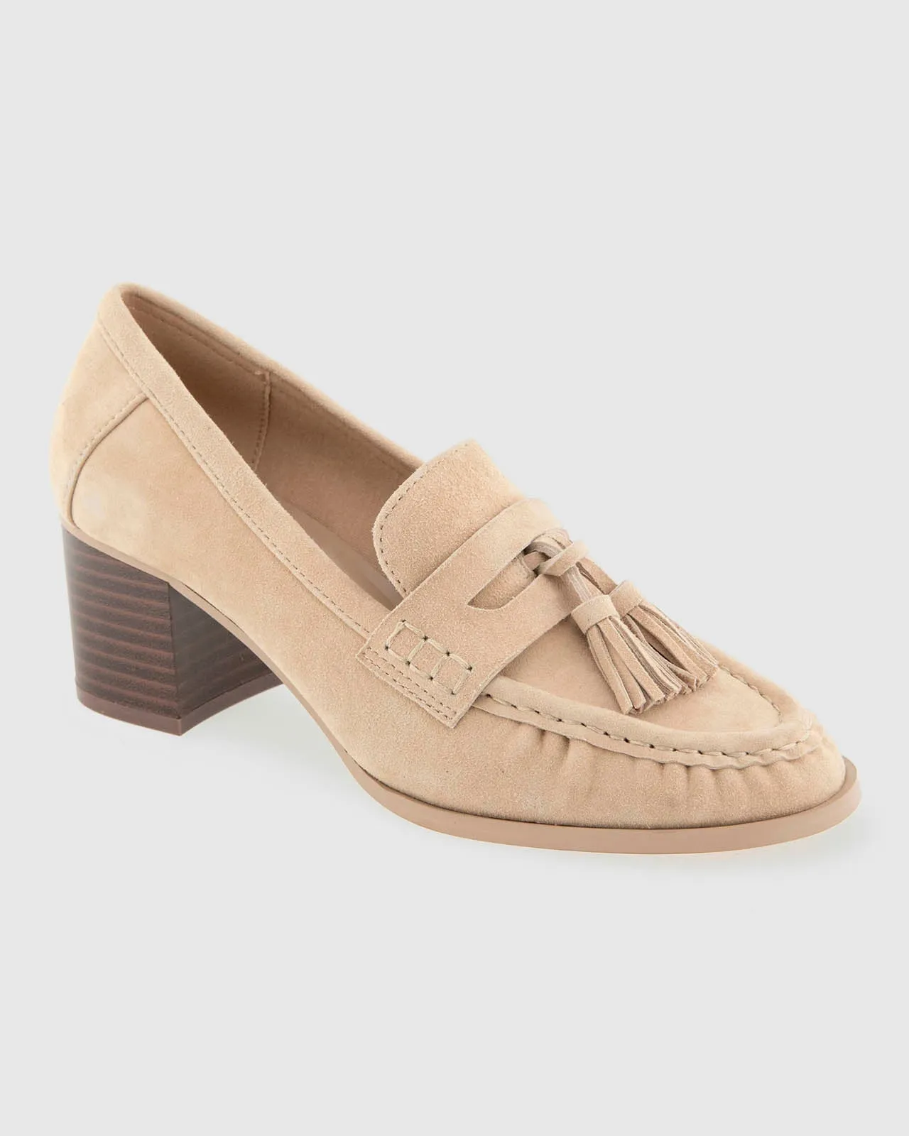 Martha Suede Heeled Loafer in Camel sold by Splendid