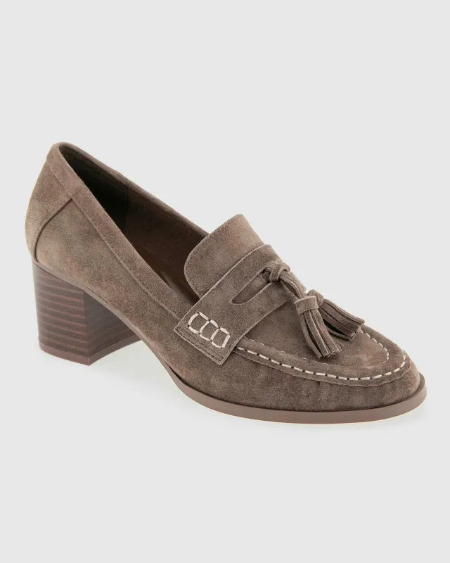 Martha Suede Heeled Loafer in Taupe Grey made by VIDA