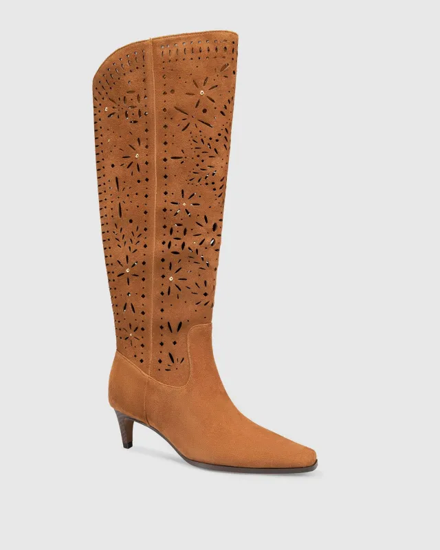 Josh Laser Cut Tall Suede Boot in Caramel made by VIDA