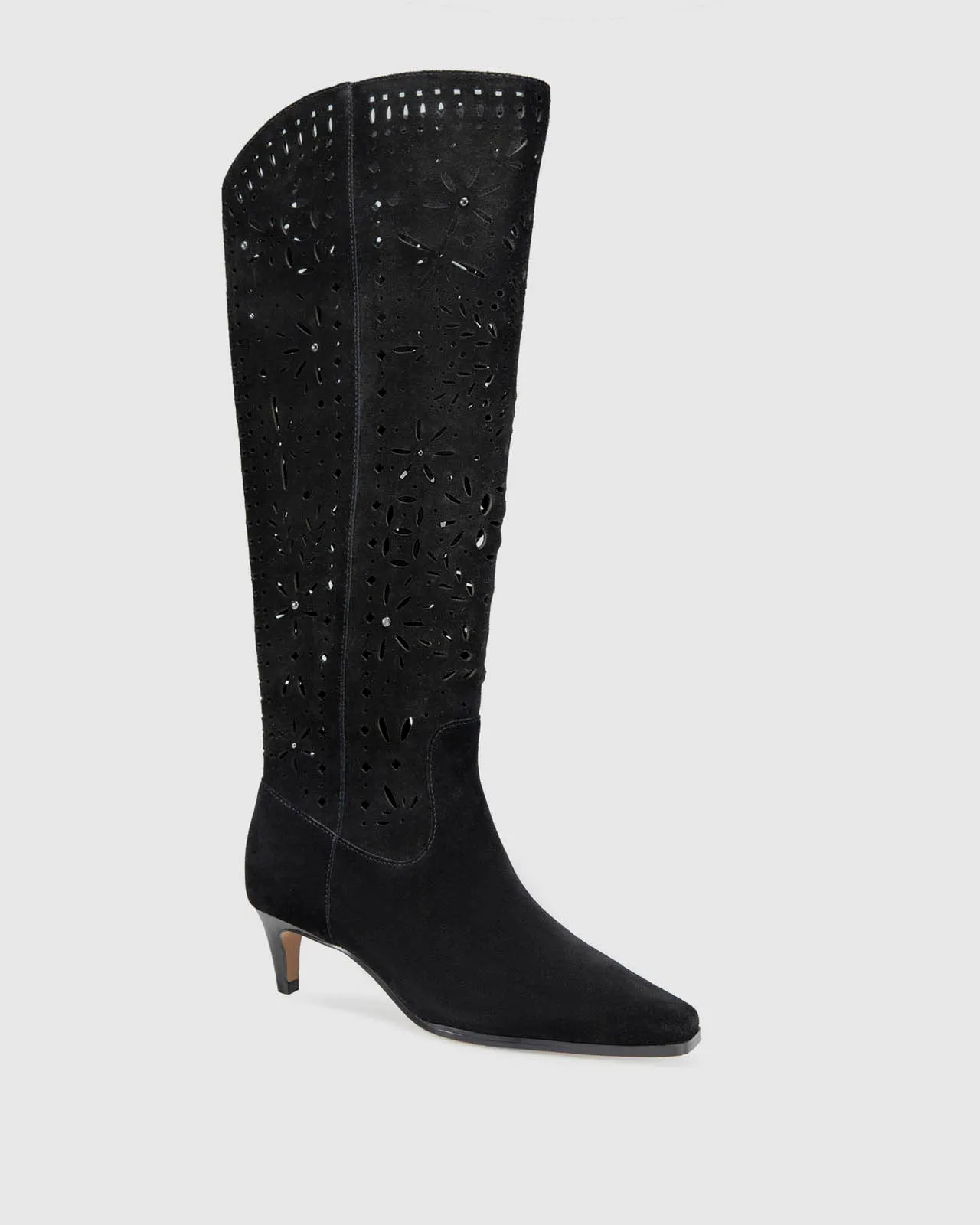 Josh Laser Cut Tall Suede Boot in Black sold by Splendid