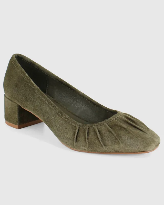 Jade Block Heel in Olive made by VIDA