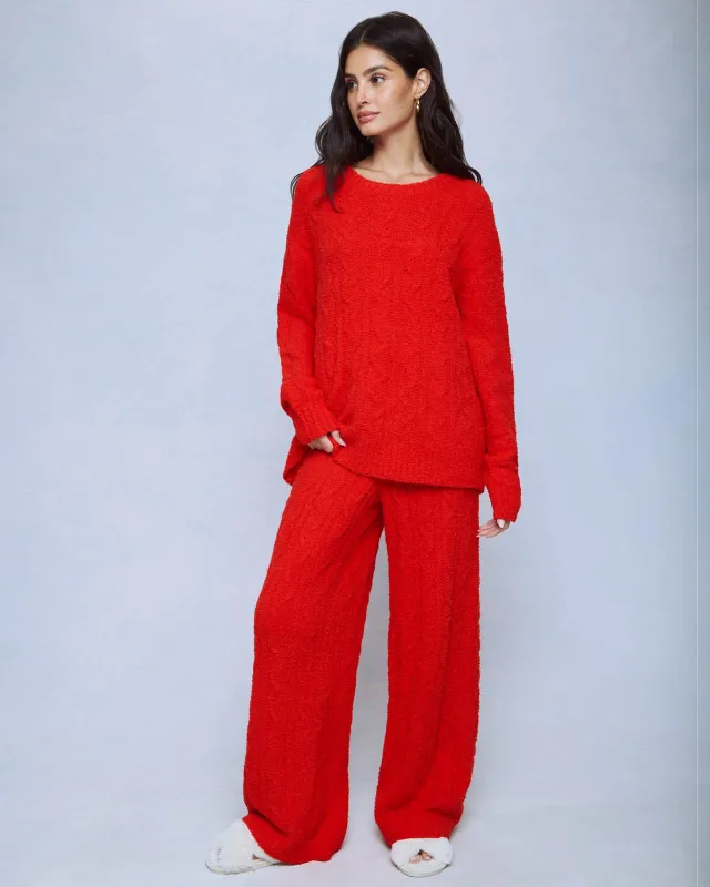 Poinsettia Fuzzy Cable Knit Sweater Wide Leg PJ Set made by Splendid