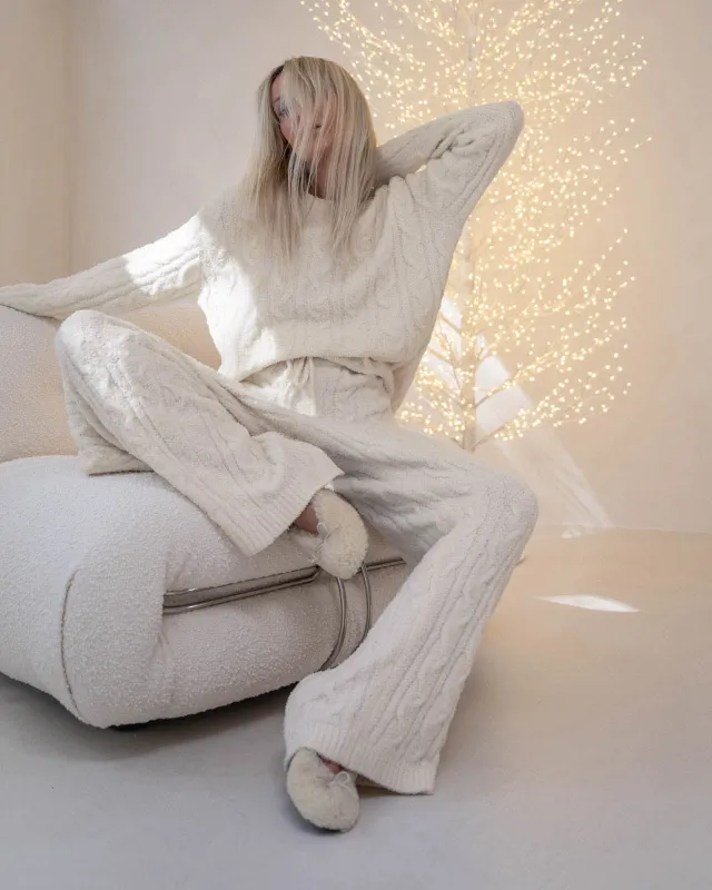 Ivory Fuzzy Cable Knit Sweater Wide Leg PJ Set made by Splendid