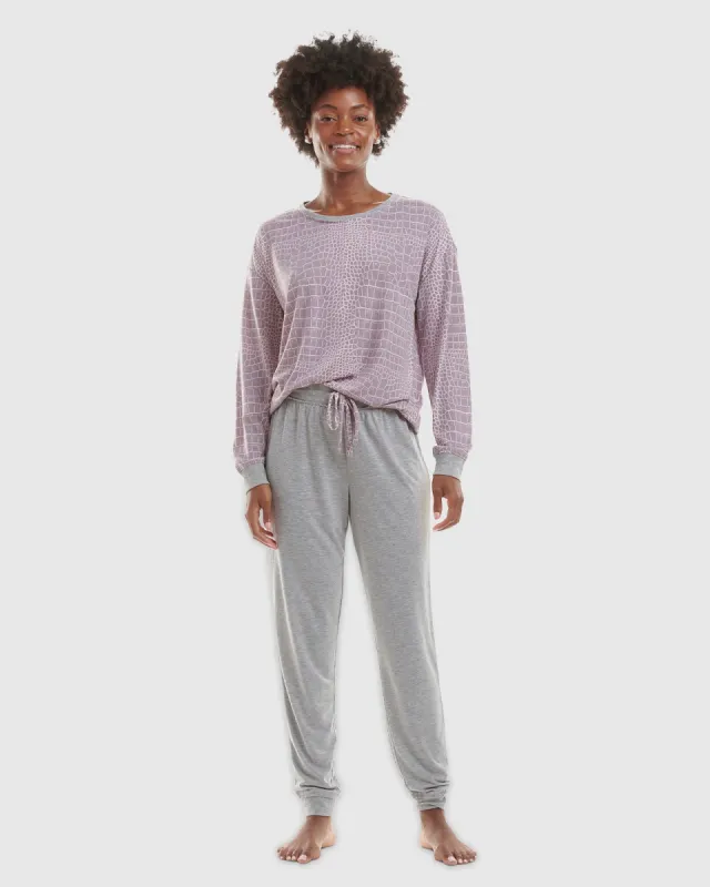 Purple Animal Print Heather Grey Pullover Jogger PJ Set sold by Splendid