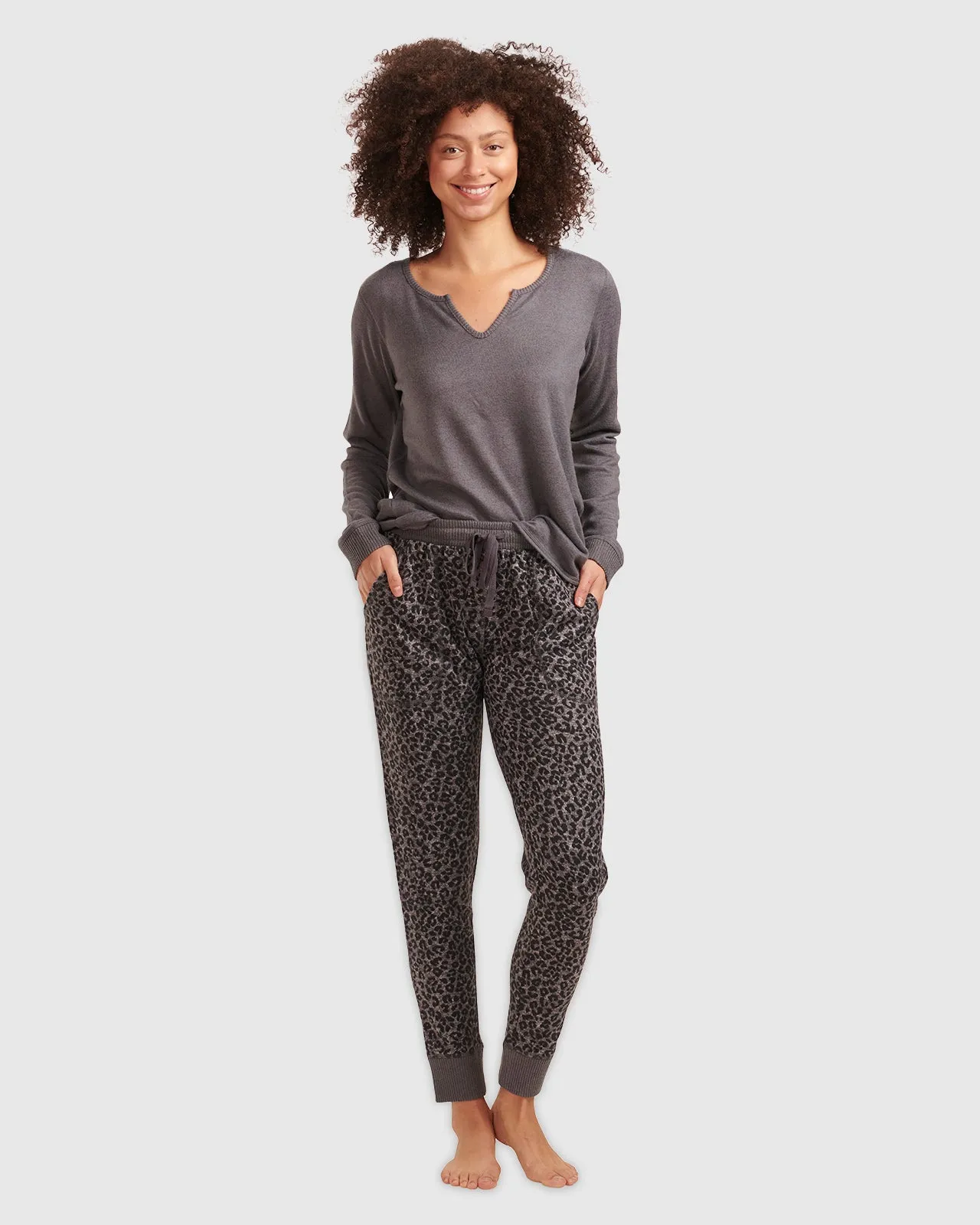 Charcoal Animal Print Split Neck Pullover PJ Set sold by Splendid