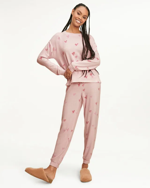 Elora Long Sleeve Jogger Set in Pink Hearts sold by Splendid