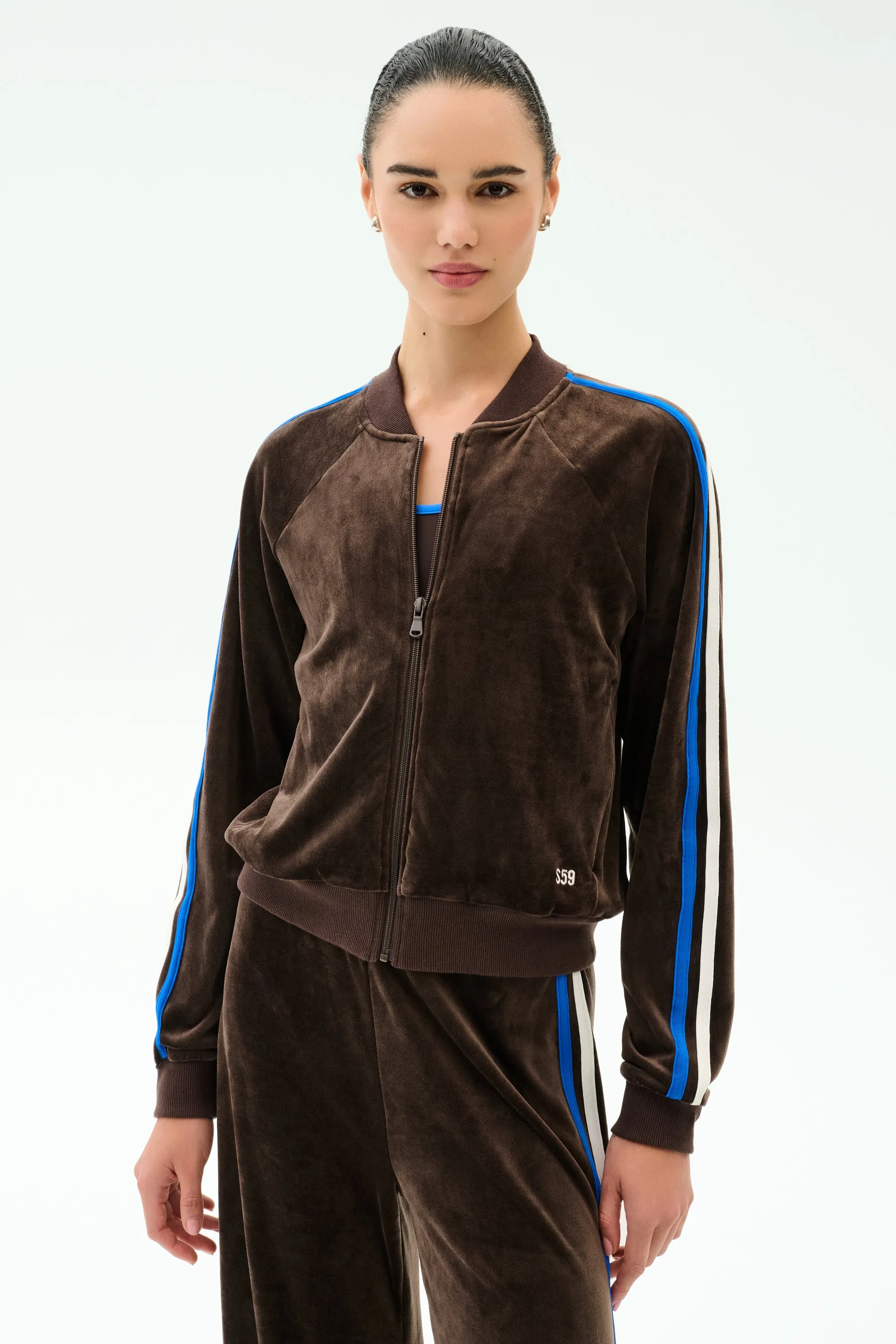 Heritage Velour Bomber - Dark Chocolate/Classic Blue sold by Splits59