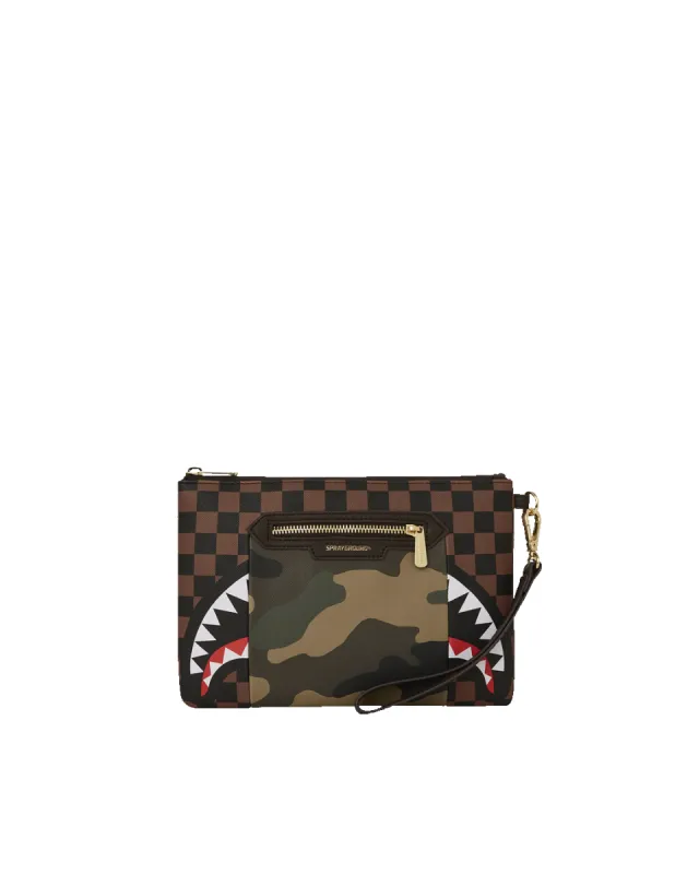 EXTERIOR GOLD ZIP POCKET SHARKS IN PARIS CROSSOVER CLUTCH sold by Sprayground